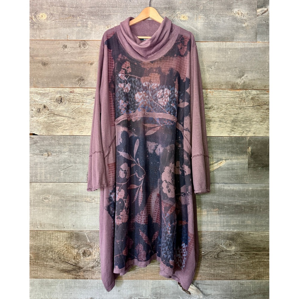 Blue Fish VTG Mauve Block Print Hemp Tunic Dress Size 2 Lagenlook Art to Wear
